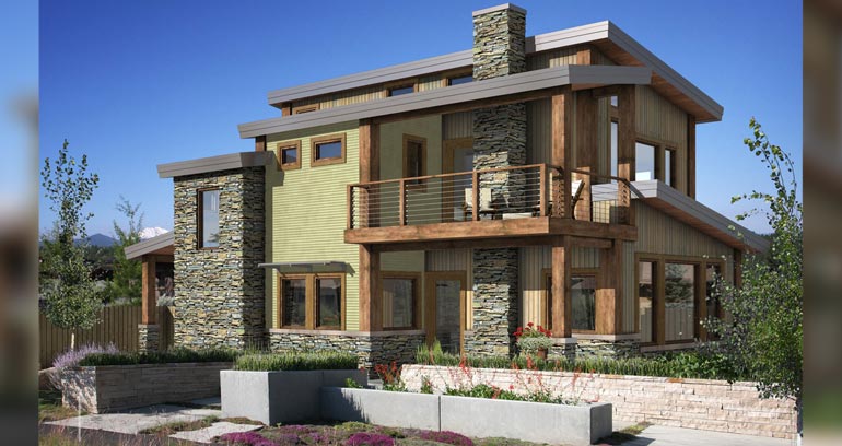 The West Ports modern exterior includes timber accents and stone.