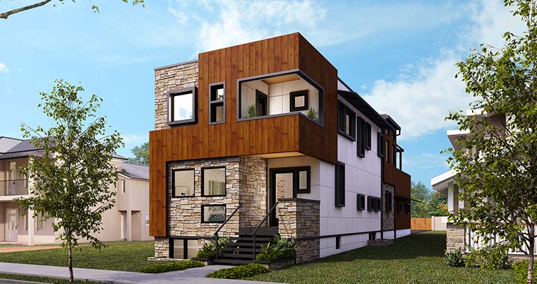 Stone, wood and stucco siding accentuate this modern design's features.