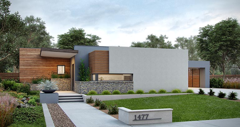 The Ballard floor plan features a court yard, modern rooflines, and large window groupings.