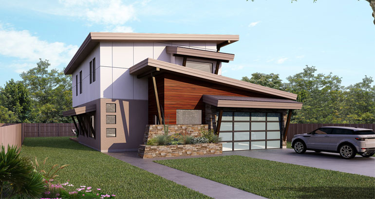 A banded garage door combined with stucco, sonte and wood siding adds curb appeal to the modern Hilliard design
